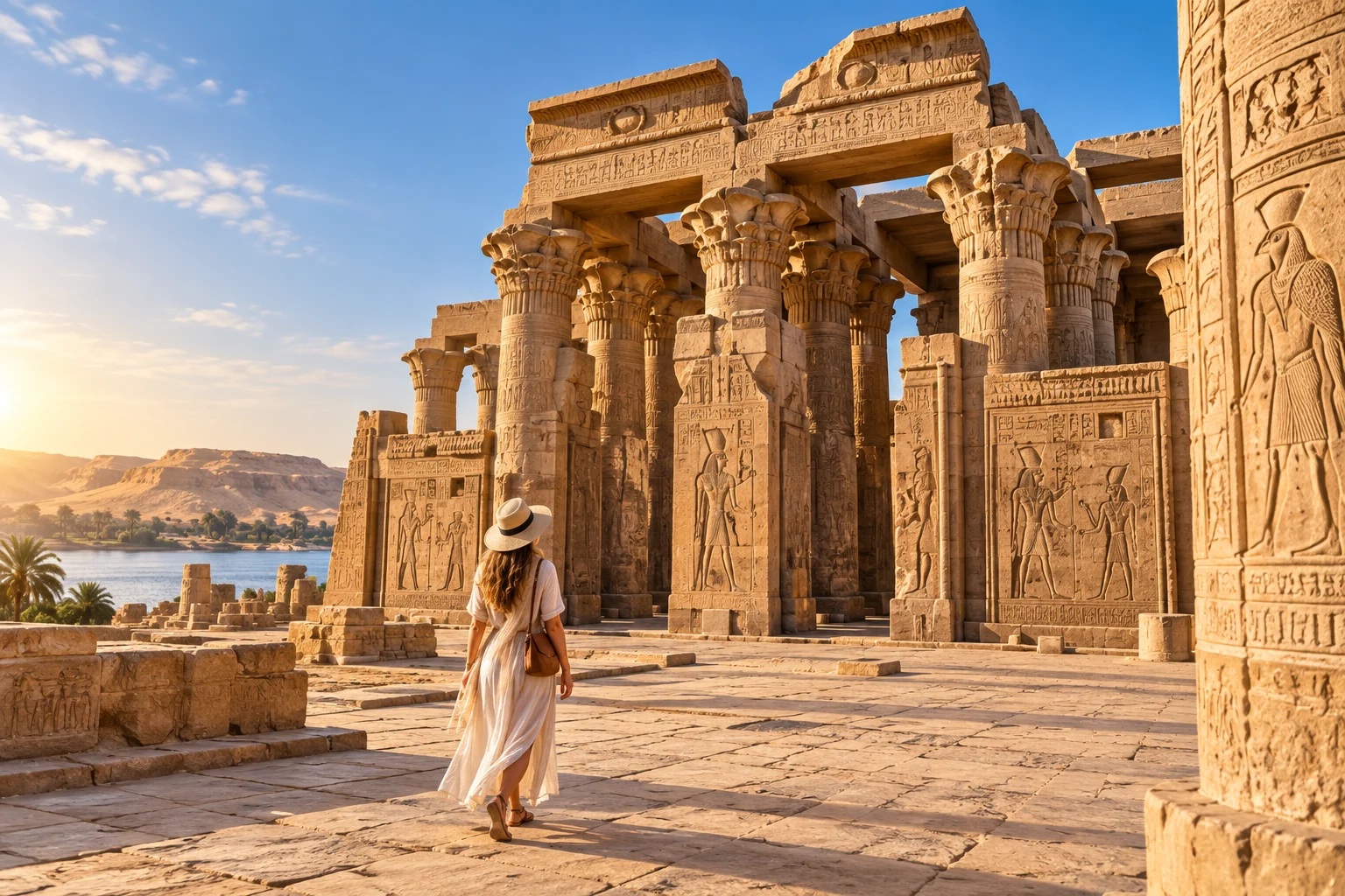 Dahabiya sailing past ancient Egyptian monuments