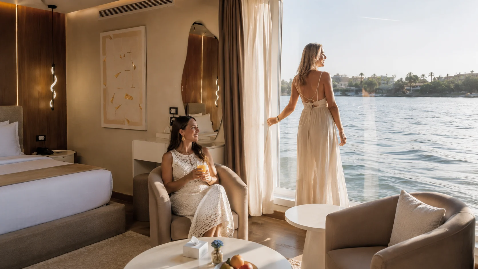 Luxury suite lounge aboard Hathor Dahabiya