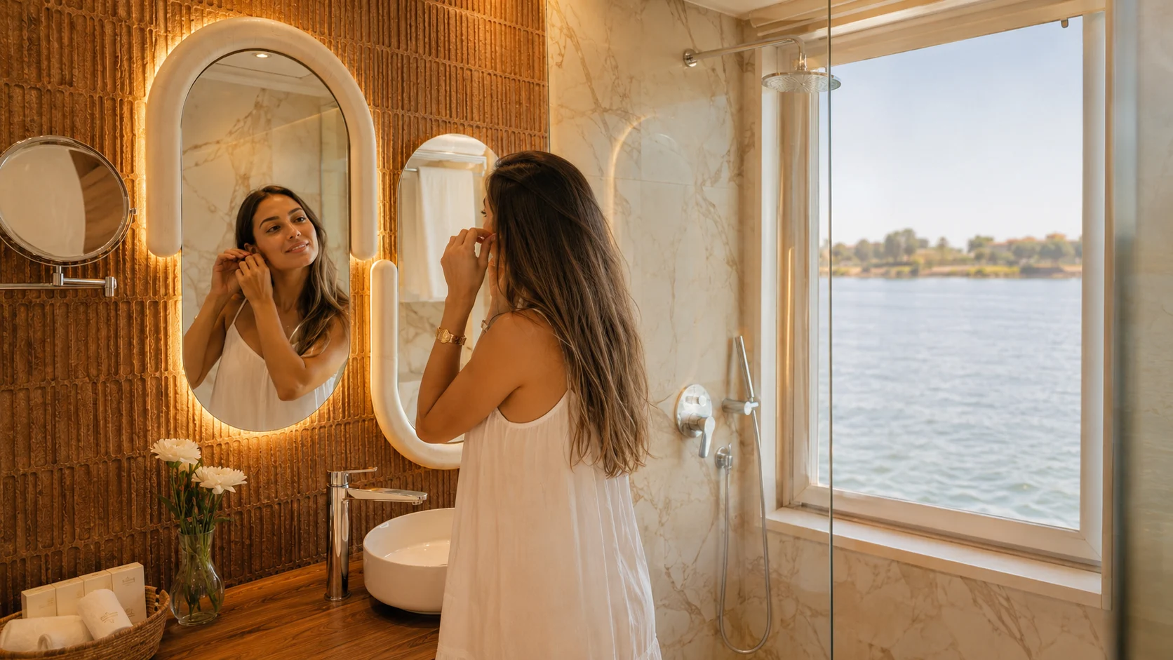 Luxury suite bathroom aboard Hathor Dahabiya