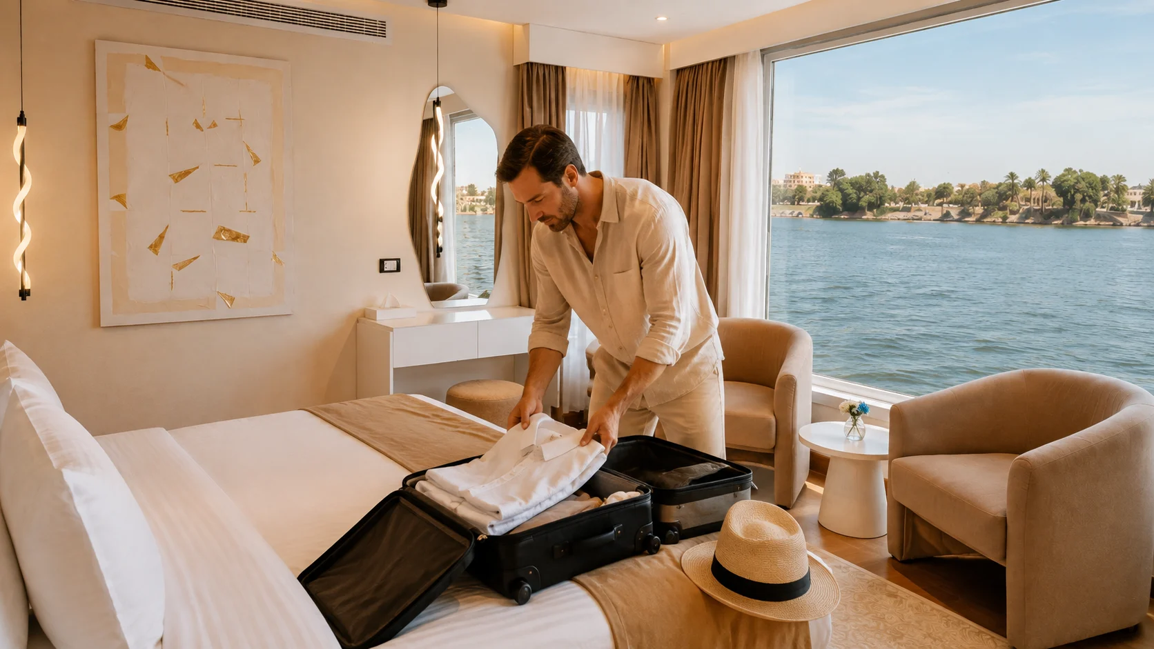 Royal suite living space aboard Hathor Dahabiya